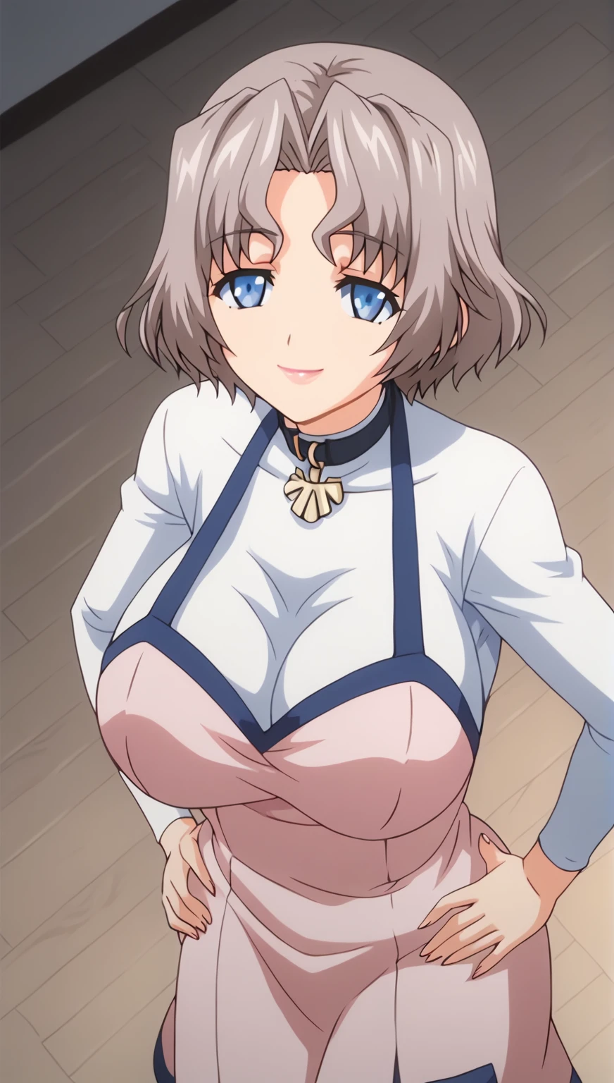 RyoukoYanagi ,  short hair,  gray hair , Blue eyes, Big breasts,  moon dress under her mouth , makeabove,  lipstick,  Ryouko , jewelry, collar, Pink apron, Love, white turtleneck,  looking at the viewer ,  closed mouth , smile,   hands on her own hips,, 16K,  masterpiece, absurdo,  highly detailed , highres,  high quality,  better quality,  score_9,  score_8_above,  score_7_above,  score_6_above,  round,  round skin,  round hair