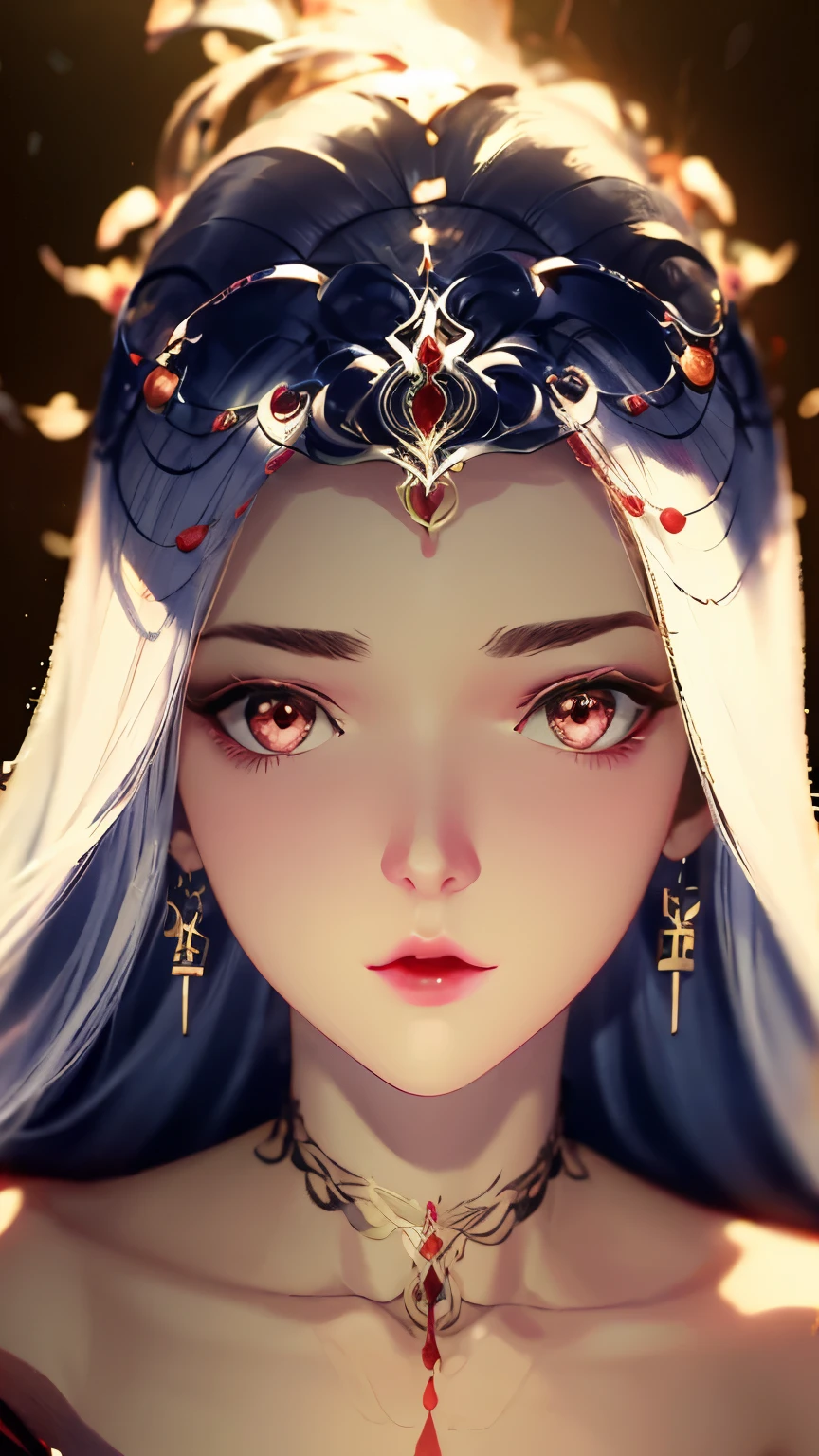 
1girl, backlighting, bare shoulders,  blurry, blurry background, blush, breasts, choker, cleavage, closed mouth, collarbone, earrings, forehead,  hair over shoulder, jewelry, long hair, looking down,red lips, shadow, solo, thick eyebrows, thick eyelashes, 
, ((masterpiece))
