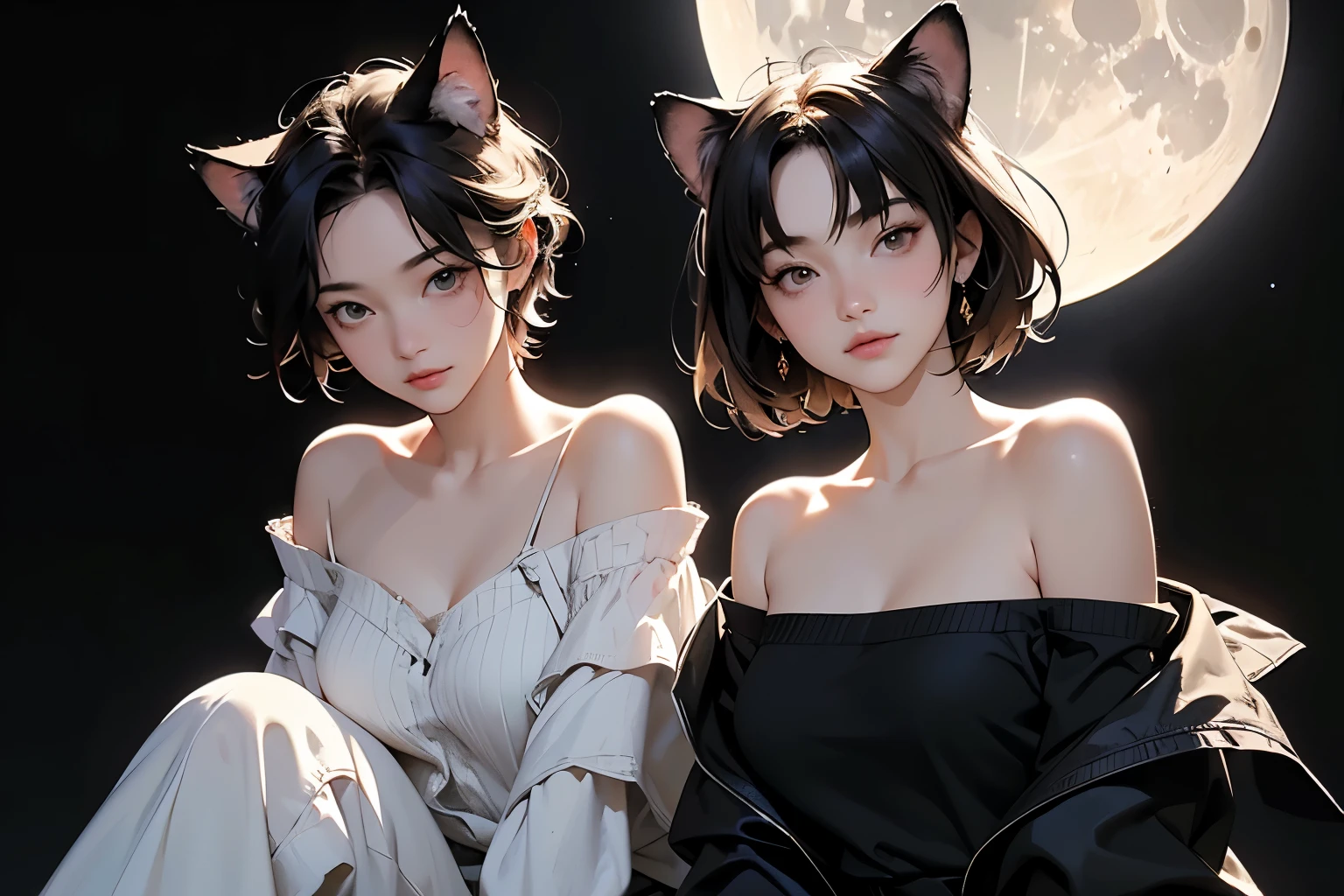 ( Sargent style watercolor)、( best quality 、Masterpiece)、( realistic:1.5), RAW photos, ( shabby attic sitting shoulder to shoulder)、(( 2 girls)), ( off shoulder ,Cat ears、 short hair 、 sexy look on both shoulders, whole body、sitting shoulder to shoulder)、 in the dark , Deep Shadow , secret key, Cold Light, dim、lamp、( simple background)、(Full moon in the night sky:1.2)、(( black background))、