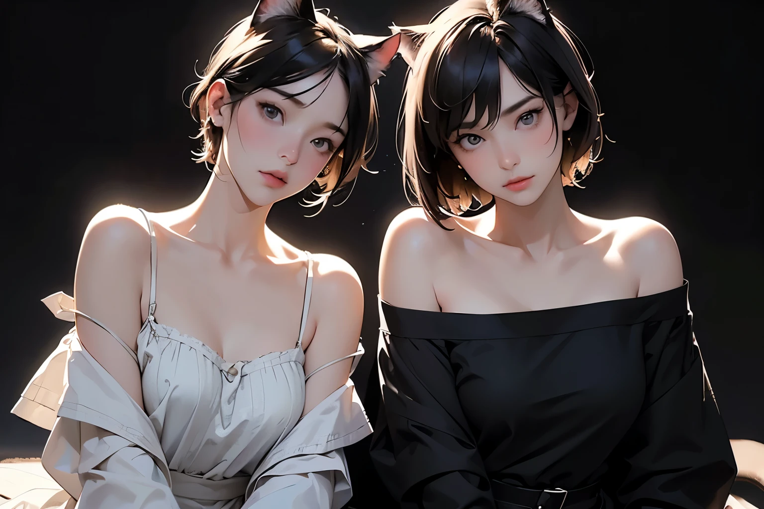 ( Sargent style watercolor)、( best quality 、Masterpiece)、( realistic:1.5), RAW photos, ( shabby attic sitting shoulder to shoulder)、(( 2 girls)), ( off shoulder ,Cat ears、 short hair 、 sexy look on both shoulders, whole body、sitting shoulder to shoulder)、 in the dark , Deep Shadow , secret key, Cold Light, dim、lamp、( simple background)、(Full moon in the night sky:1.2)、(( black background))、