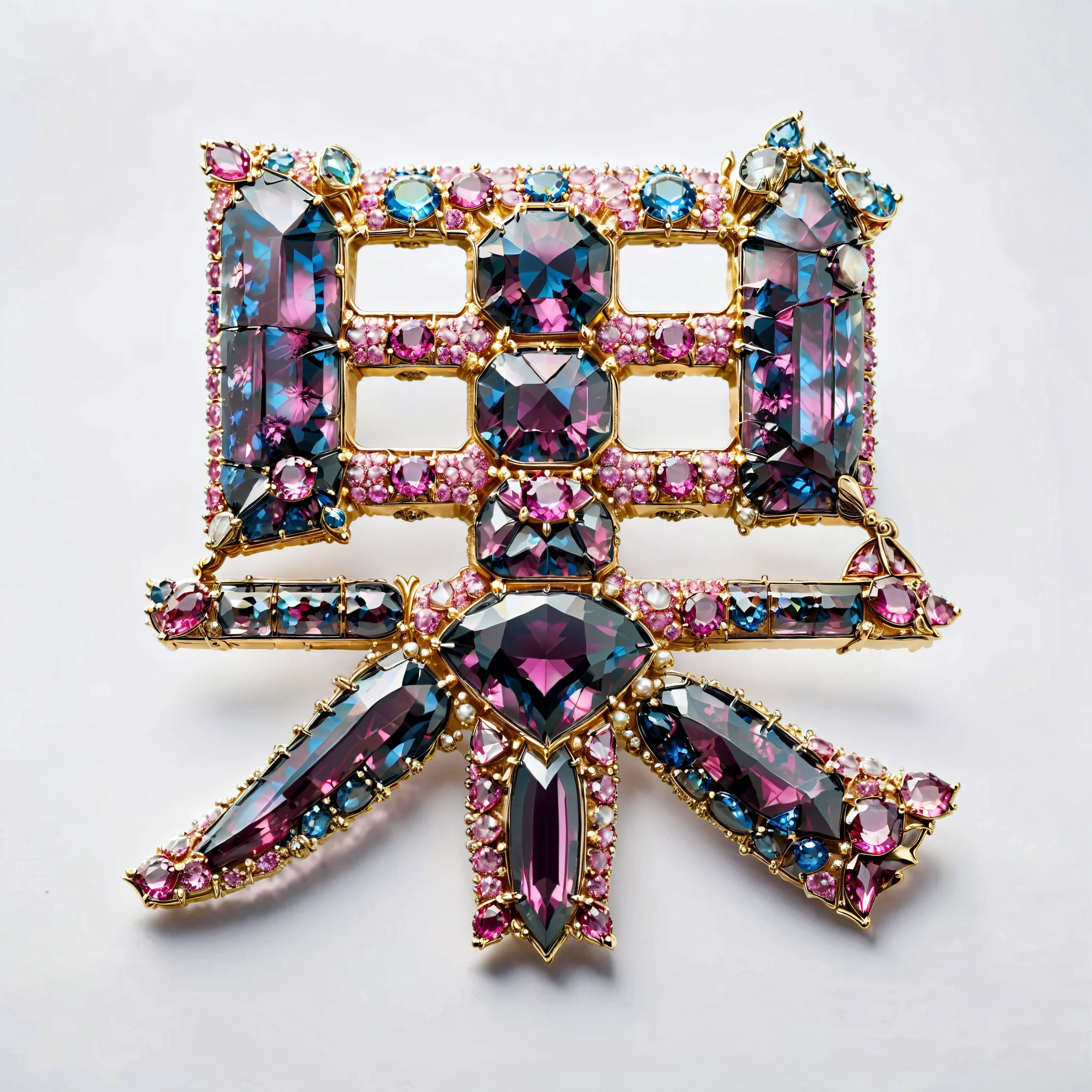 masterpiece. exquisite brooch , Depicts a dark pink cow in Malagasy tourmaline , precious gemstone . Exquisite craftsmanship . high quality . excellent improvement . (( super detailed )). Table decoration , and beautifully decorated jewels with mother-of-pearl , opal, ruby. lapis lazuli. masterpiece hors norme. A gorgeous and authentic . ultra-realistic .. (( white background ))