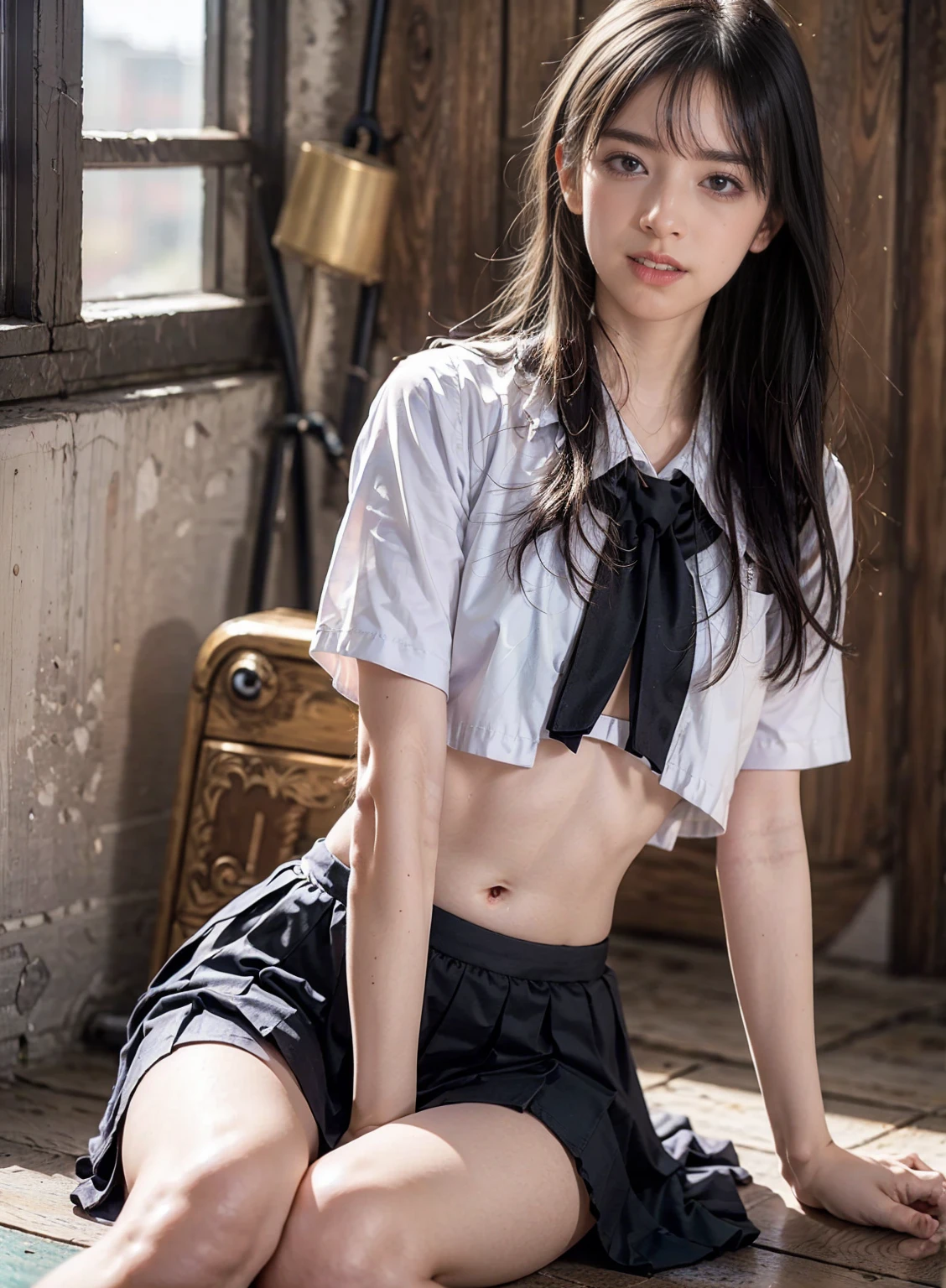 (8K, RAW photo, highest quality, masterpiece:1.2), (realistic, photo-realistic:1.37)、26 year old Japanese woman、hair is black、Eye color is indigo、long hair、I braid it lightly、Slender but well-proportioned muscular body、setting hair、I'm punching my chest、accessories on the ankle、smile、I'm wearing a hair band、Wearing a sheer tie-front shirt、My abs are cracked、I can see my bellybutton、Wear a navy blue low-rise micro mini pleated skirt、Looking from above