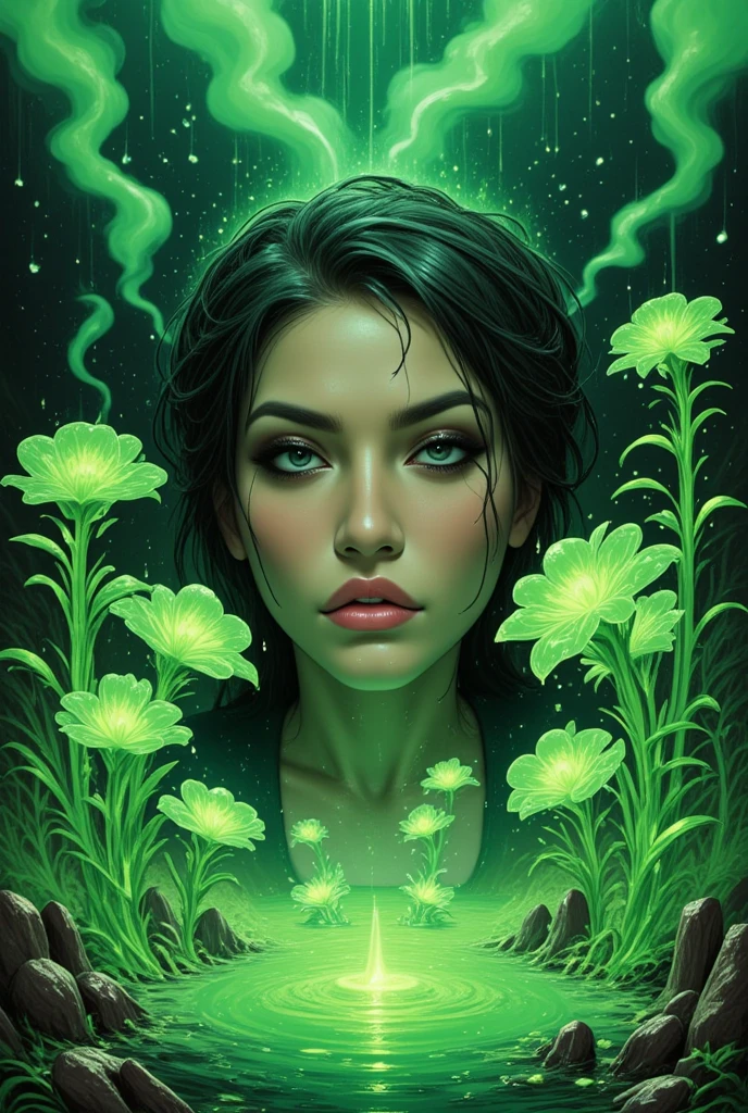 (Ultra-detailed face, looking away, Fantasy Illustration with Gothic, Ukiyo-e, Comic Art, Rich colors), 
BREAK 
(This is a world made of green acid. In the pool of acid, there is a gush of smoke and a pungent green smoke. Plants made of glass fibers suck up the acid from their roots, and the acid drips from their trunks, stems, and leaves like rain.)