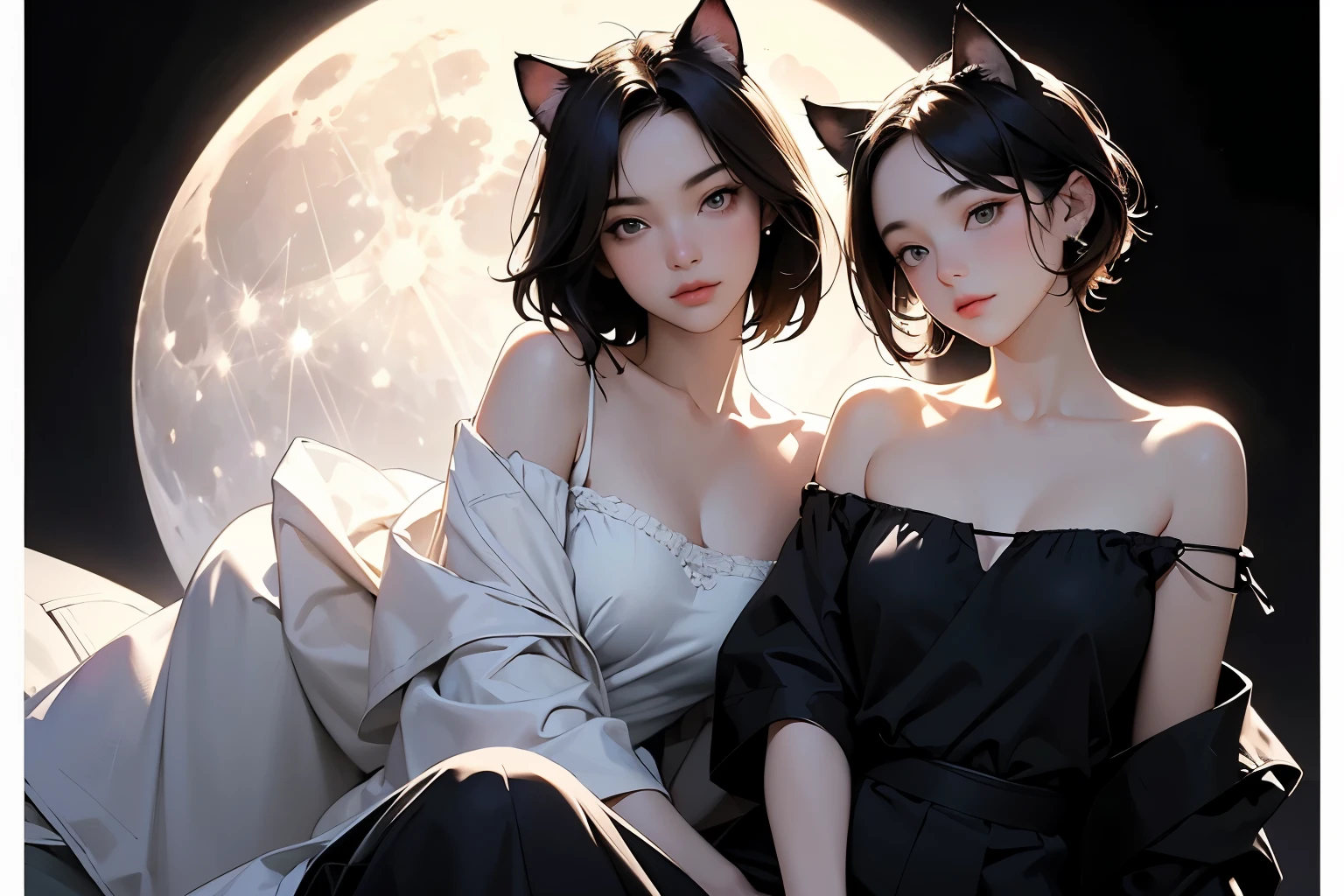 ( Sargent style watercolor)、( best quality 、Masterpiece)、( realistic:1.5), RAW photos, ( shabby attic sitting shoulder to shoulder)、(( 2 girls)), ( off shoulder ,Cat ears、 short hair 、 sexy look on both shoulders, whole body、sitting shoulder to shoulder)、 in the dark , Deep Shadow , secret key, Cold Light, dim、lamp、( simple background)、(Full moon in the night sky:1.2)、(( black background))、