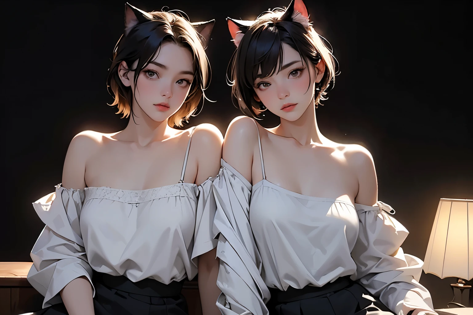 ( Sargent style watercolor)、( best quality 、Masterpiece)、( realistic:1.5),  RAW photos, ( shabby attic sitting shoulder to shoulder)、(( 2 girls)), (  off shoulder ,Cat ears、 short hair 、 sexy look on both shoulders, whole body、sitting shoulder to shoulder)、  in the dark ,  Deep Shadow , secret key, Cold Light, dim、lamp、( simple background)、(Full moon in the night sky:1.2)、(( black background))、