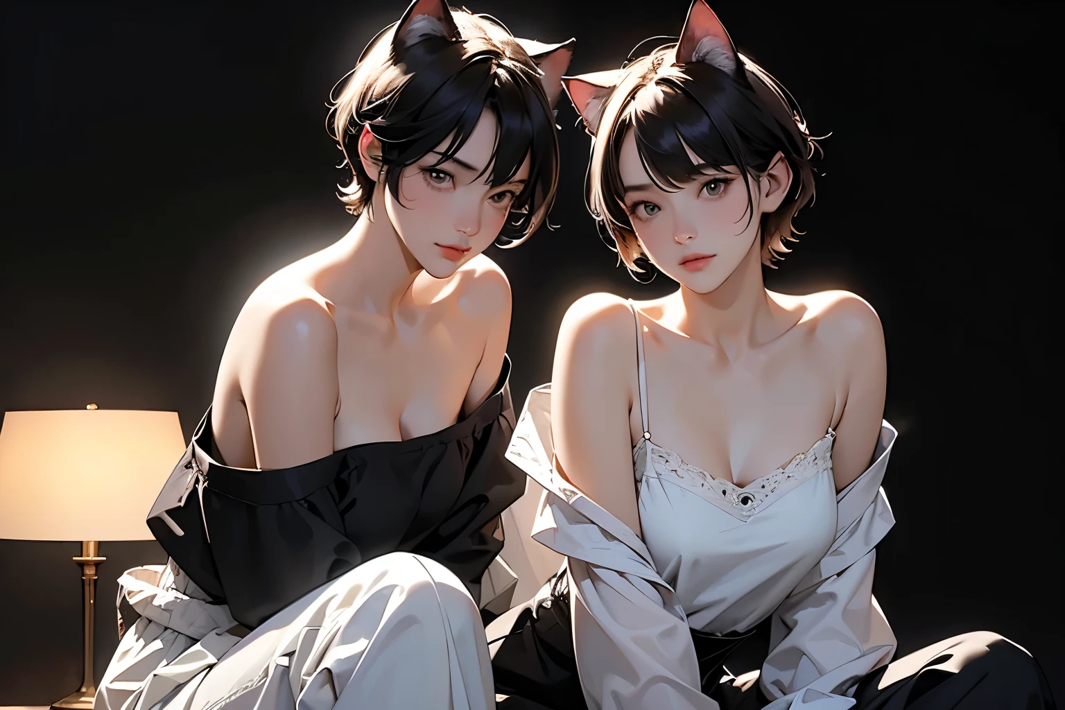 ( Sargent style watercolor)、( best quality 、Masterpiece)、( realistic:1.5), RAW photos, ( shabby attic sitting shoulder to shoulder)、(( 2 girls)), ( off shoulder ,Cat ears、 short hair 、 sexy look on both shoulders, whole body、sitting shoulder to shoulder)、 in the dark , Deep Shadow , secret key, Cold Light, dim、lamp、( simple background)、(Full moon in the night sky:1.2)、(( black background))、