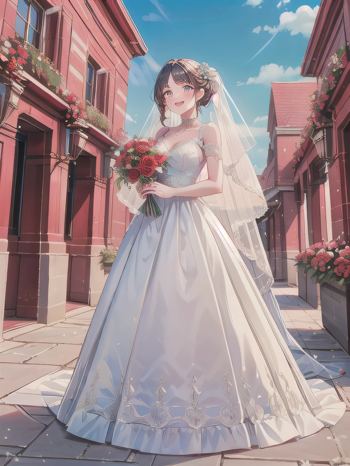 A stunningly beautiful 20-year-old woman standing in the courtyard of a luxurious mansion under a clear blue sky. She is wearing a white and blue wedding dress and holds a red bouquet with both hands in front of her chest. She looks very happy, with a radiant and joyful expression.