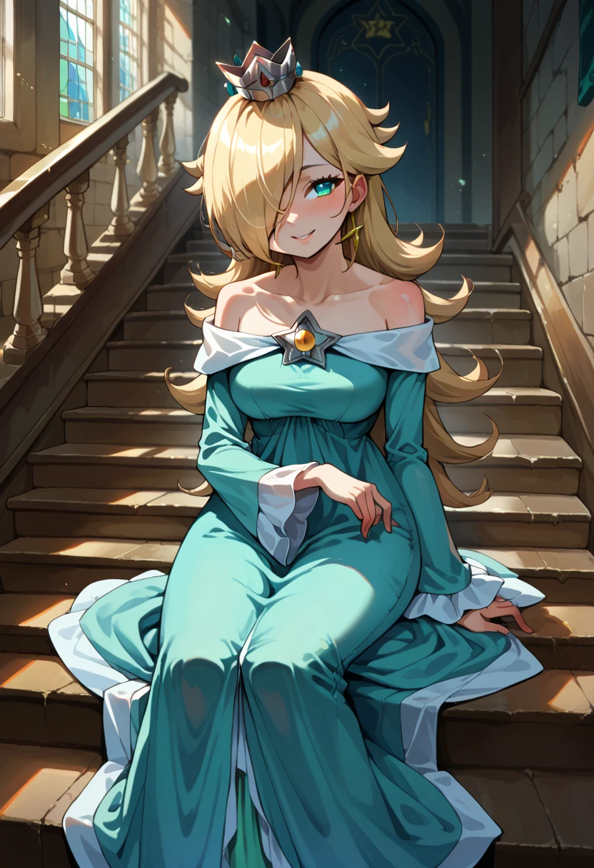 score_9, score_8_up, score_7_up, source_anime, 1girl, RslnDef, hair over one eye, crown, bare shoulders, off-shoulder dress, long sleeves, blue dress, long dress, aqua dress, cowboy shot, smile, seductive smile, blush, stairs, sitting,