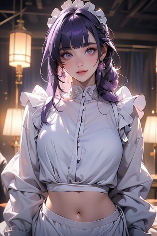 1 girl, Blunt bangs, Braiding, Wide sleeves, hair ornaments,Obi says, (Purple Hair:1.2), Very long hair, Straight hair, Looking at the audience, Highly detailed background, (Realistic:1.2), Beautiful Eyes, Red eyeshadow, Written boundary depth,thigh, (Urzan-6500:0.7), Upper Body, (alone:1.2), (Cyberpunk City:1.1), Cleavage,,Glowing Skin、(Navel exposed).((Face close-up))、((smile))、(look up)、(White lace outfit).