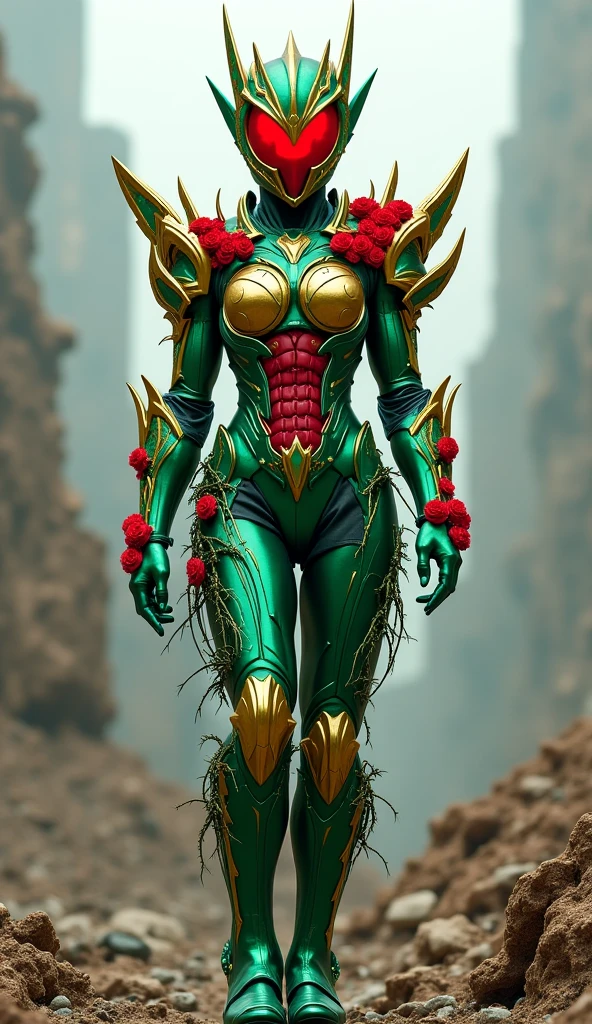 Cartoon photo of woman in green and red costume, hot insect humanoid woman, Guyver style, SFW version, scaraber reploid, tail, cel shade adult animation, alien queen, serpentine pose, --auto --s2