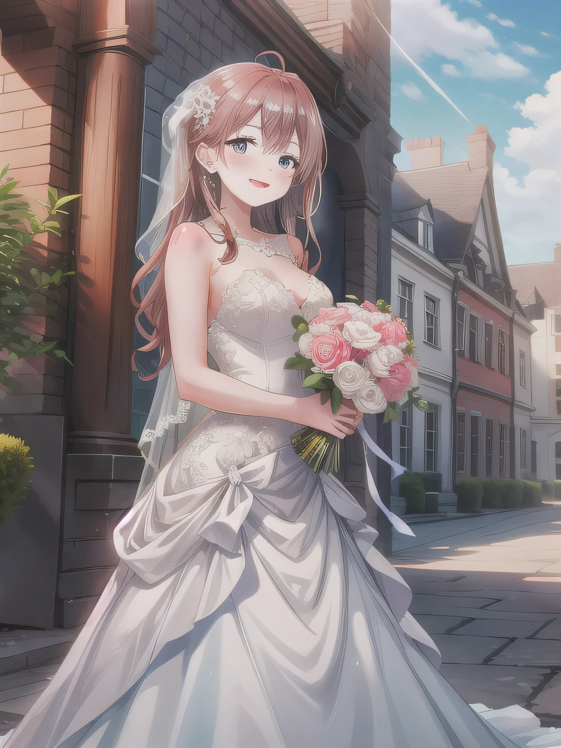 A stunningly beautiful 20-year-old woman standing in the courtyard of a luxurious mansion under a clear blue sky. She is wearing a white and blue wedding dress and holds a red bouquet with both hands in front of her chest. She looks very happy, with a radiant and joyful expression.