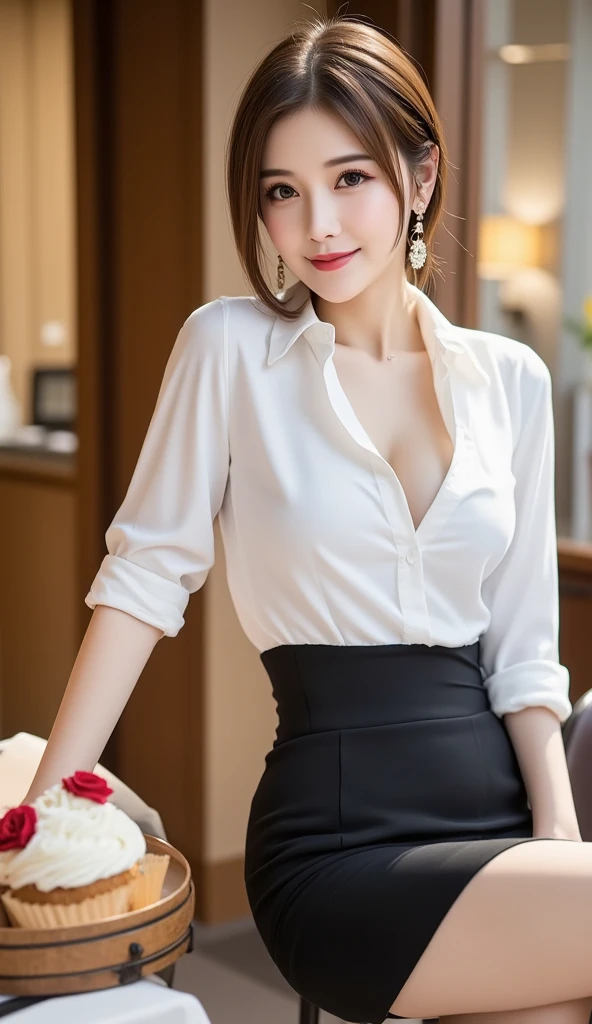 ((( full body photo:2.0)))、 random expression:2.0、 wearing a white dress shirt、((( wearing a black tight skirt)))、12Ｋ、ＨＤＲ、 bits deep 10 bits 、( realistic) , (photo  realistic :1.4), masterpiece,  very delicate and beautiful ,  very detailed,(  light brown hair )、 A woman who gives off an adult charm  、 clear white skin  、Hair tied up、 and smiles at the viewer:1.0、I can see the wedding cake in the background 、smile、Teeth are visible、((( wear black high heels:2.0)))、 cleavage in years、