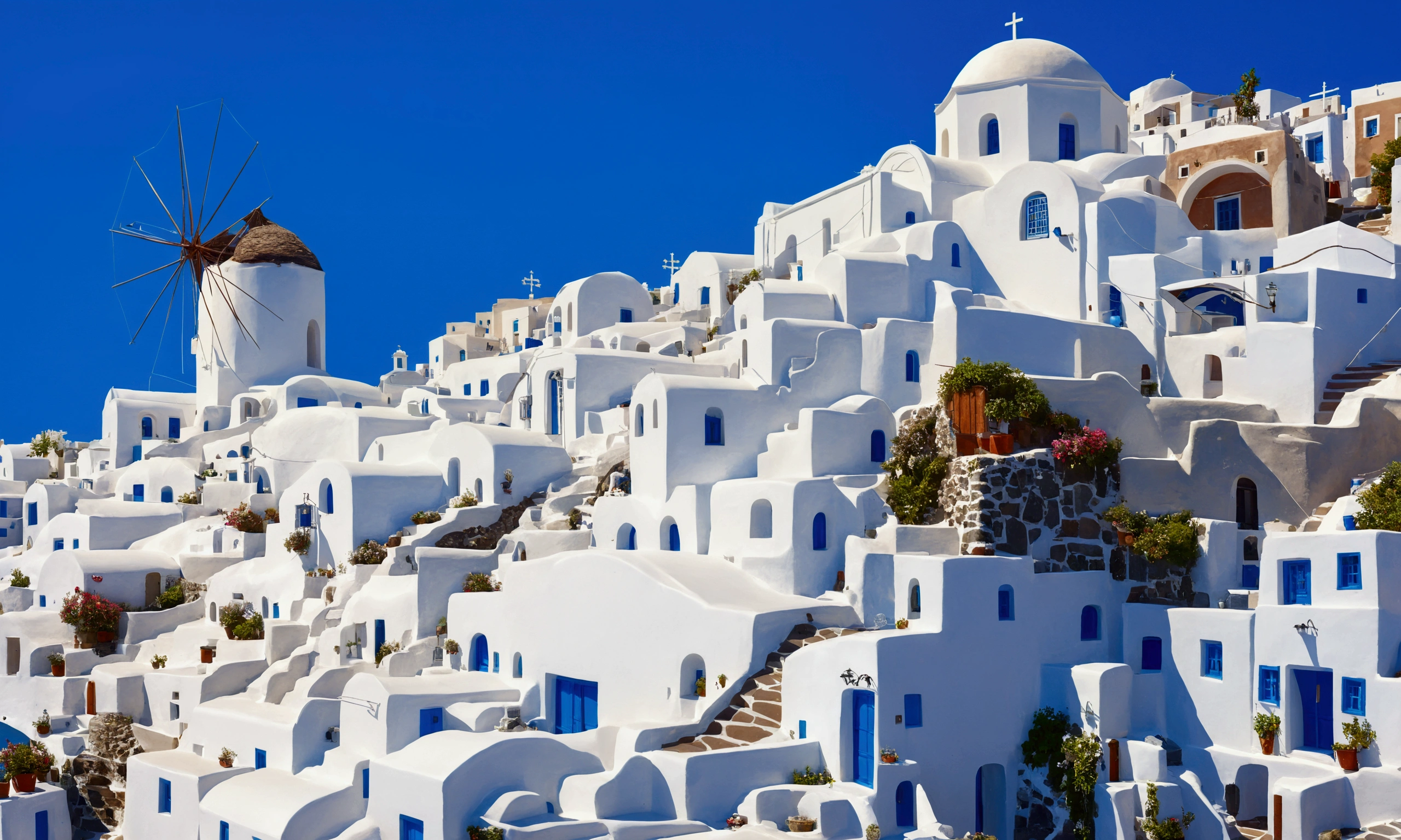 Santorini 、 Miniature , digital art , A small city on a mountain slope , many small houses covered in white walls, small stone road , Small River , Small Bridge , Intricate Details White City