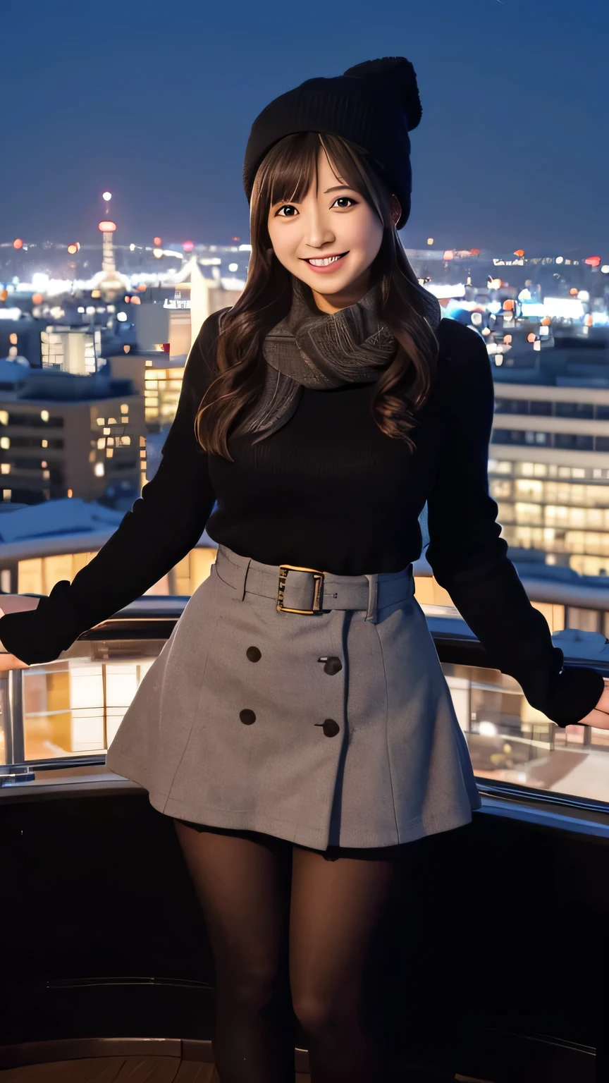 (((real photograph))), ( Japanese girl )、winter、 skirt 、 pitch black tights、 knitted hat、 scarf、 Smile 、((observation deck)), Thighs、 is standing、Big Breasts、((night view)), short hair, 