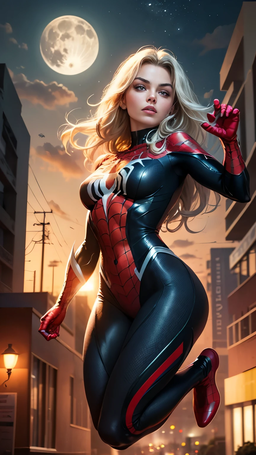 A girl,Wearing a Spiderman swimsuit,Female Spider-Man,Beautiful face,blond,Blue Eyes,Lively expressions,A charming smile。Red fishnet swimsuit,Jumping between skyscrapers,Full figure,huge breasts, Huge ass, Bare legs,,sexy uniform, Light and shadow effects,Fine image quality,excellent work,8K