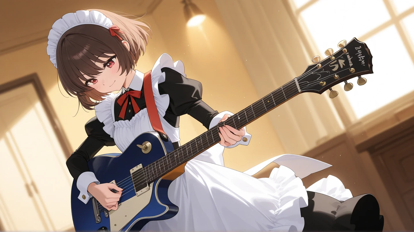 beautiful anime woman, playing guitar, maid clothes