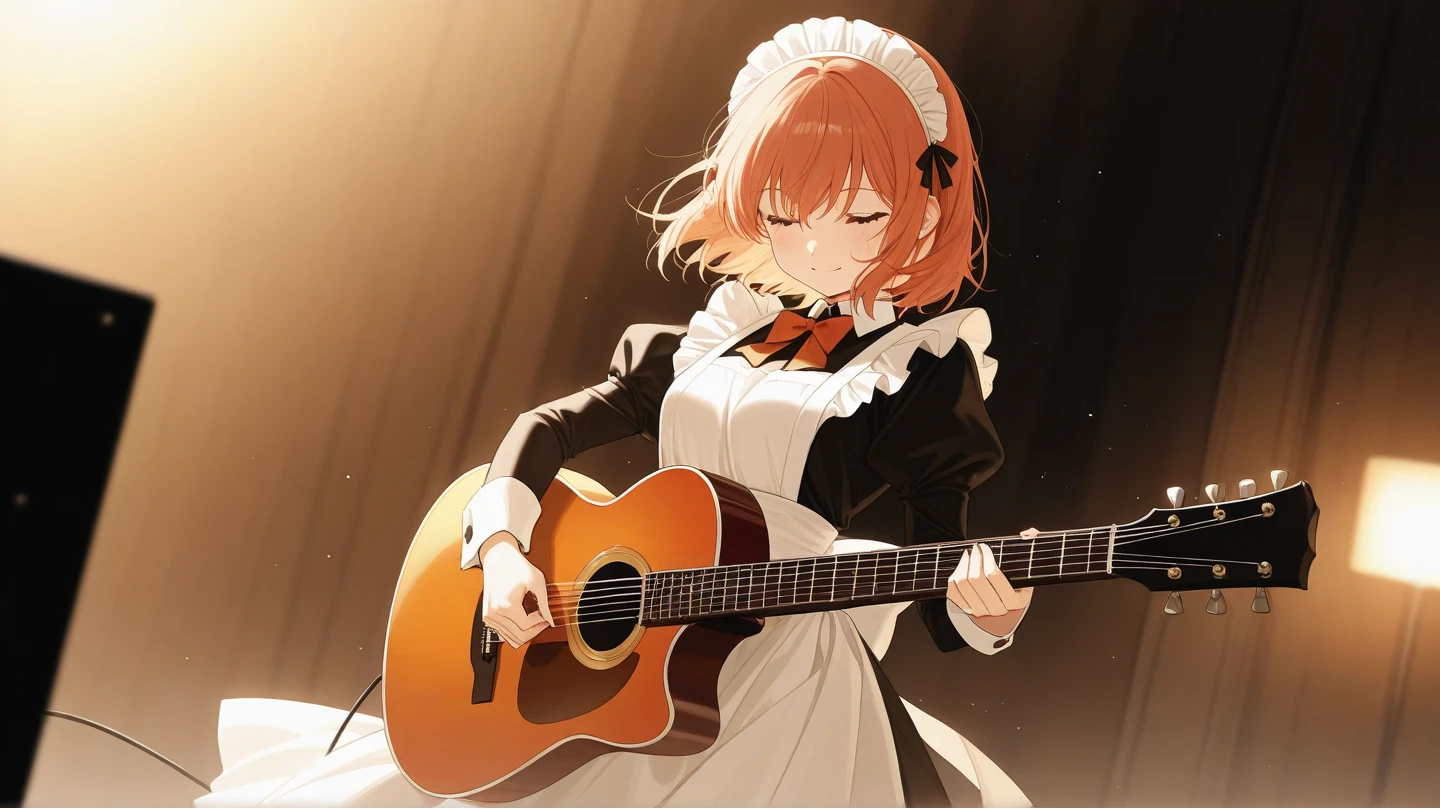 beautiful anime woman, playing guitar, maid clothes