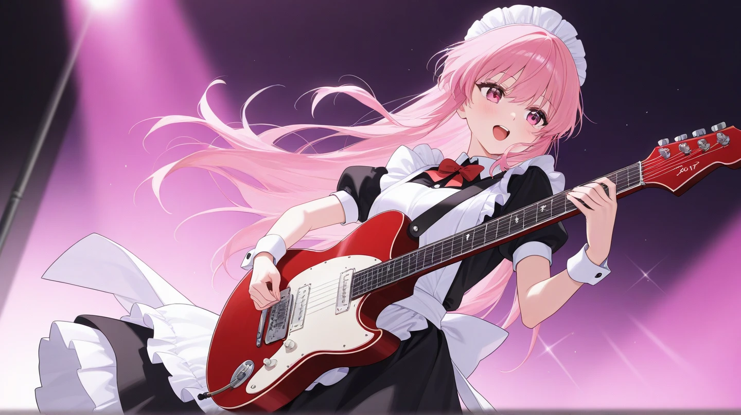 beautiful anime woman, playing guitar, maid clothes