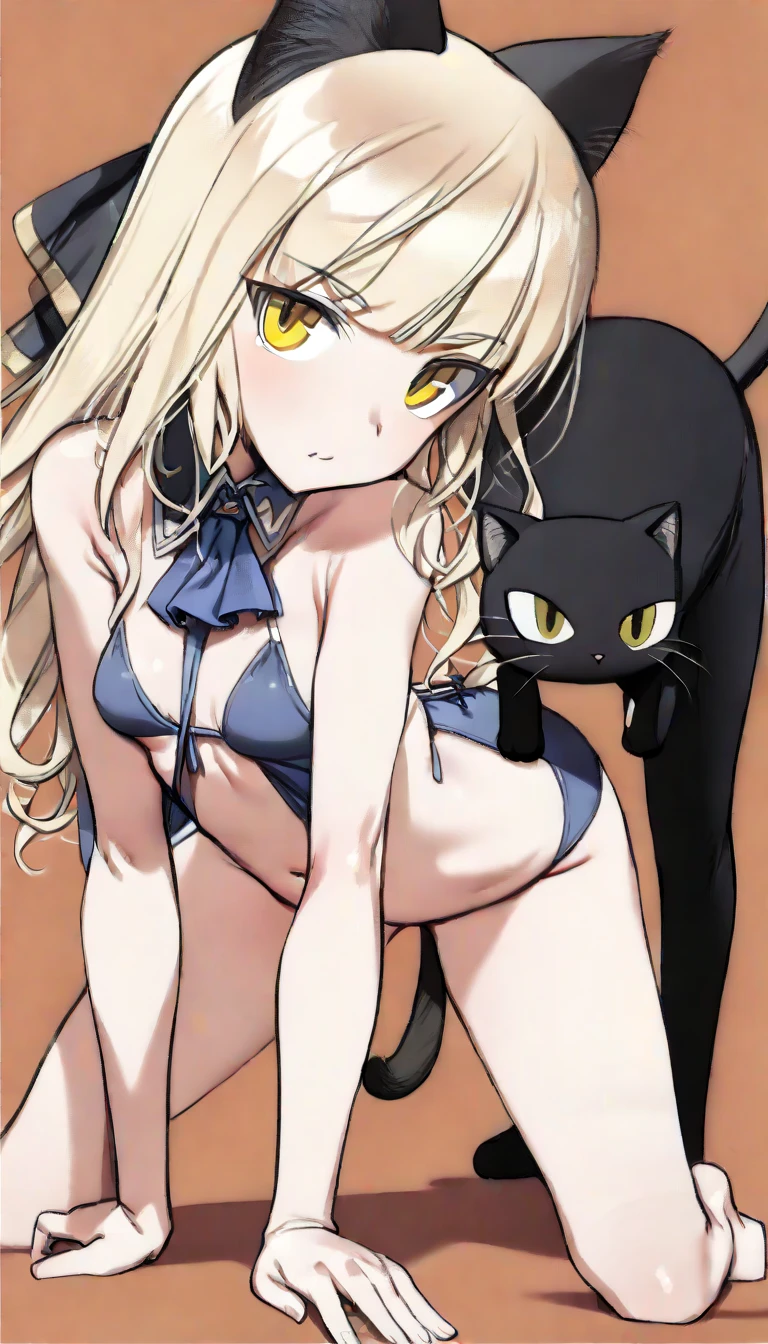 (8K, Best Quality, Ultra Detailliert, Highres, Absurdres, Perfect Anatomy:1.5, Masterpiece:1.5), (Strong Outline), ((1Girl)), (((perrine h. clostermann))), (((Yellow Eyes))), (((Black Glasses:1.3))), (((Long Long Hair:1.3, Bangs, Blust Bangs, Blonde Hair))), (((Black Cat Ears, Black Cat Tail))), (Slender Body, Dwarf:0.7), (((Small Breasts:1.2))), ((Big Hips:1.1)), (Smile:0.8), (Blush:0.8), (((Orange Bikini, Frills bikini, Floral Print))), (Sandals), (((Heart))), ((Sexy Pose, Bewitching Pose)), (Lying), (Arms Up), (Spread Leg), ((Cute Pose)), (Solo Focus), from Below, ((Posed Photo)), ((Wide-Angle Photo)), ((Simple BackGround, Simple Colour BackGround, Warm Colour BackGround)), good hands, best hands