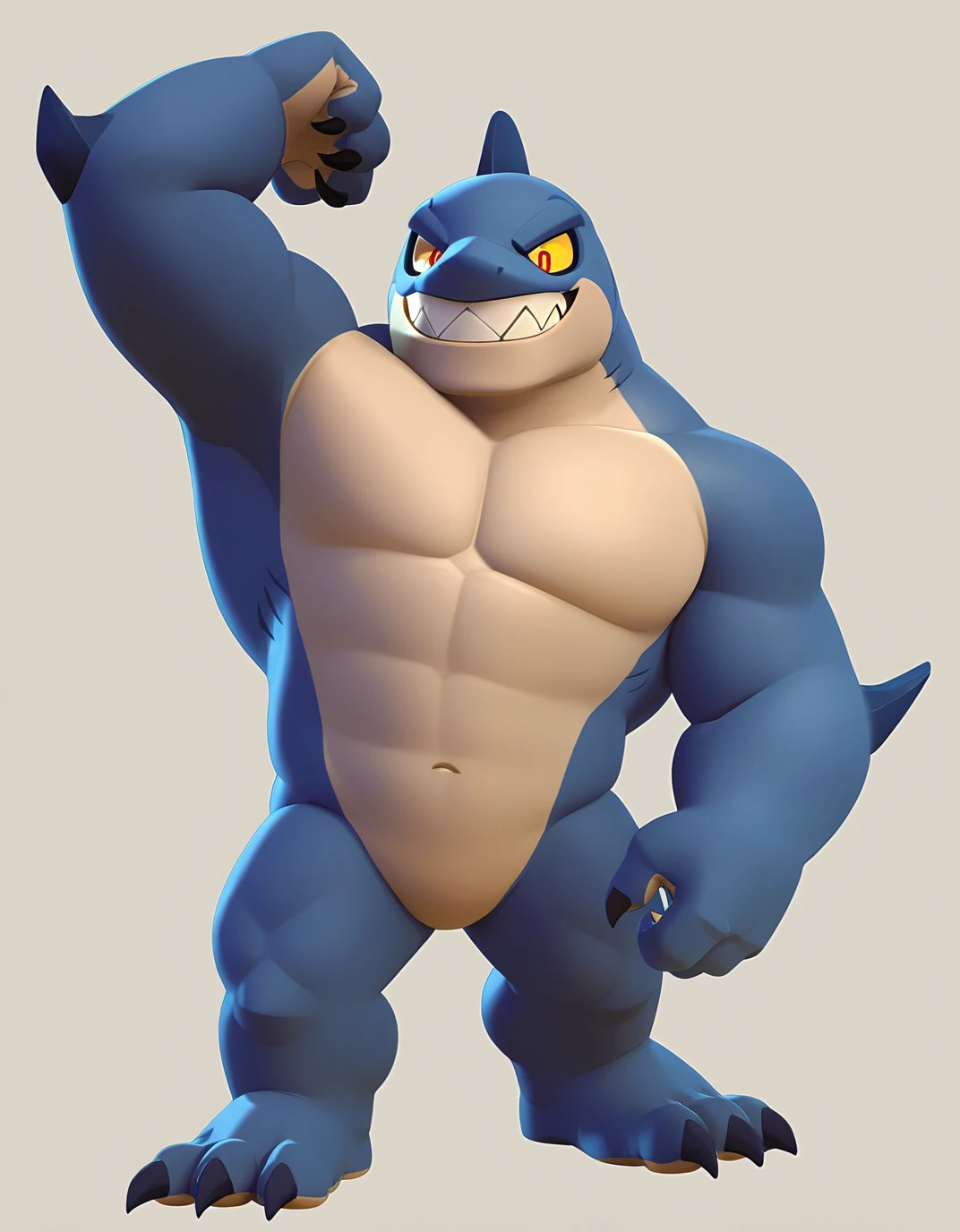 score_9, score_8_up, score_7_up, score_6_up, score_5_up, score_4_up, rating_questionable,yellow sclera,red pupils, claws,shark head with a human body,dark-blue body,white inner body,focus 4 fingers,sharp teeth,, furry male, muscular, smirk, full body,sfw_nudity, thick things, face and chest,arms and hands ,pecs&crotch,legs&feet,show chest&pecs,left-arm raise up,right-arm's hand on the right-leg,brawl,perfect detailed eyes,perfect detailed pupils, no humans,{{2d}}