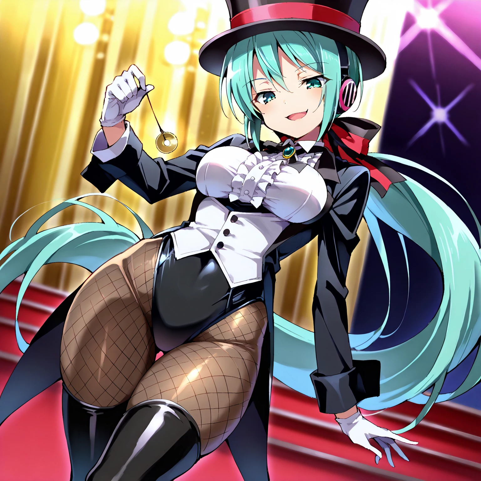 score_9, score_8_up, score_7_up, 1girl and 1 boy, seduce, seductive, girl (looking_down), thighhighs,
breasts, medium breasts, maximum 5 fingers,
blurry background, performing stage, she is holding a pendulum in one hand \(hypnotist holding a pendulum\), ((holding pendulum)), holding string, perfect hands, one hand up, open mouth, (girl) smirk, (bare hands), standing, contrapposto, masterpiece, high quality, absurd resolution, beautiful hands, thick thighs, ((Dutch angle)),
magicianmiku, aqua hair, low ponytail, hair ribbon, aqua eyes,
black headwear, top hat, headphones, black coat, tailcoat, coattails, open coat, long sleeves, white vest, buttons, white shirt, center frills, neck ribbon, black ribbon, brooch, white gloves, black leotard, brown pantyhose, fishnet pantyhose, thigh boots, thighhighs over pantyhose



