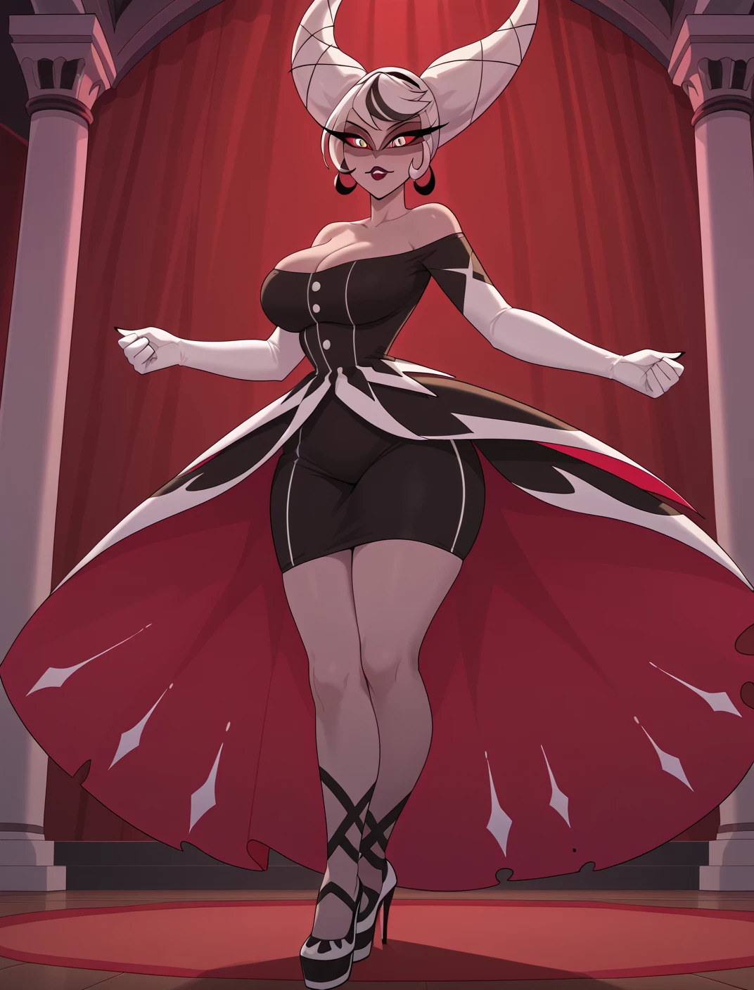 masterpiece,Carmilla_Carmine,score_9, score_8_アップ, score_7_アップ,gray skin,hair is tied up in split into two cones,twin hair,Black dress,white elbow gloves, bare shoulders, lace shoes,(huge juicy breasts:1.2),breasts, has long eyelashes,dress, ,Black Lip,pigmented sclera,Red cornea,white hair,Big Breasts,wide butt, (Alone),indoor,cowboy shot,