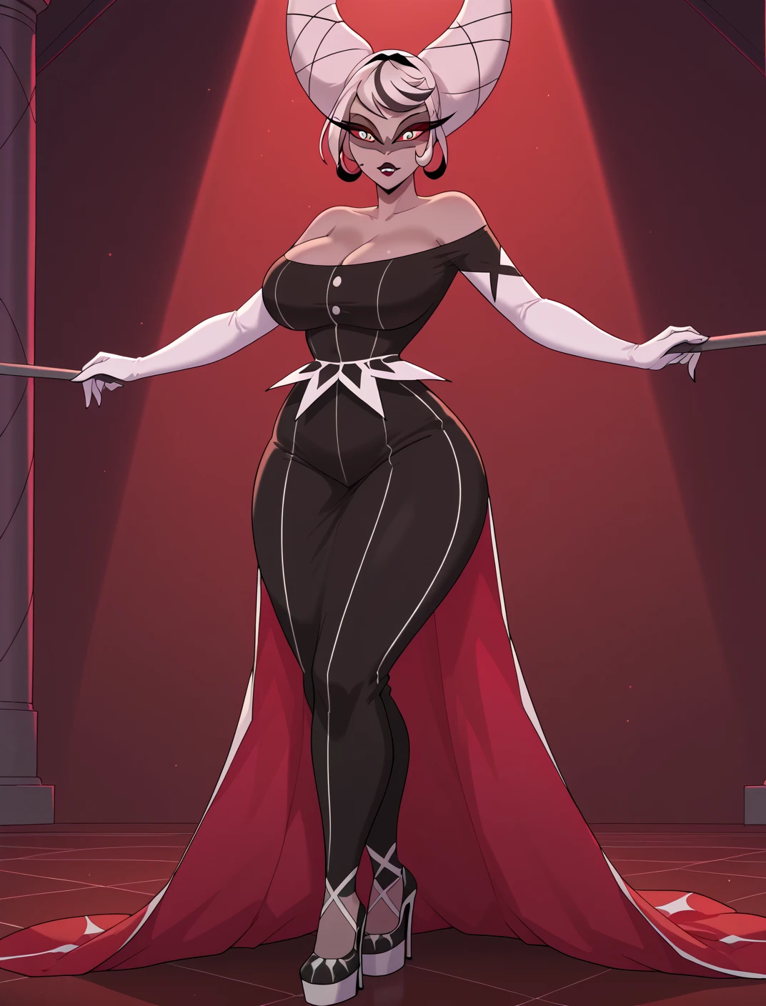 masterpiece,Carmilla_Carmine,score_9, score_8_アップ, score_7_アップ,gray skin,hair is tied up in split into two cones,twin hair,Black dress,white elbow gloves, bare shoulders, lace shoes,(huge juicy breasts:1.2),breasts, has long eyelashes,dress, ,Black Lip,pigmented sclera,Red cornea,white hair,Big Breasts,wide butt, (Alone),indoor,cowboy shot,