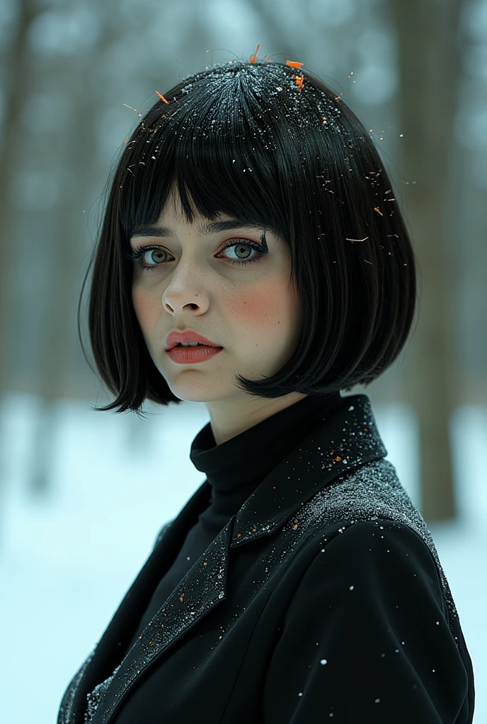 sexy woman with a short haircut,messy hair slightly covering one eye, (designed by Adolf Hirémy-Hirschl:1.2) and Nikolina Petolas, landscape of a Deserted (Lyon:1.1) and Mystical forest clearing, Snowy, Cold Colors, dripping electric orange and Green, sensual, elaborate, magnificent, ambient light, enchanted