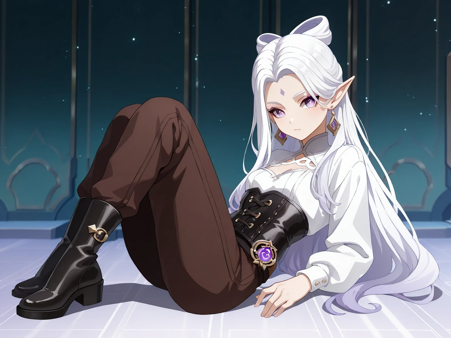  Girl with long hair, white hair, anime aesthetic, anime vibes, Anime, noble girl, anime art wallpaper 4 k, anime art wallpaper 4k, anime art wallpaper 8 k, anime background art,anime asthetic, masterpiece , top quality,  elven woman, ((light purple eyes)).  solo, teenager, young woman.violet eyes.white hair.white long hair.forehead.middle forehead.hairstyle.makeup.earrings.corset. trousers. genshin impact. mihoyo. wuthering weves. pointed ears.((genshin impact style)), ligh blue, ((full body)) 
