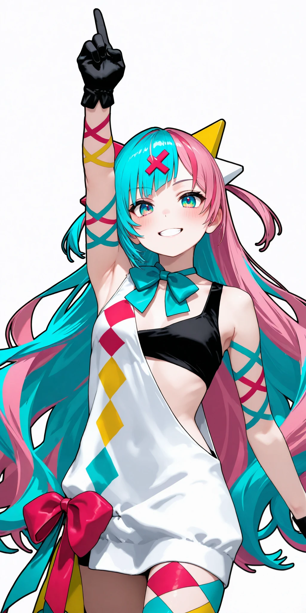 from the side 1 girl \(( Pinky Pop Hepburn\( virtual YouTuber\)), dynamic poses,smile, cute,, cute hand sign, White Short Asymmetrical Dress , (Black Finger Cover ), Blue Ribbon Tie ,Sleeveless\), minimalist, bright color, pop art ,Masterpiece, best quality ,3D Model