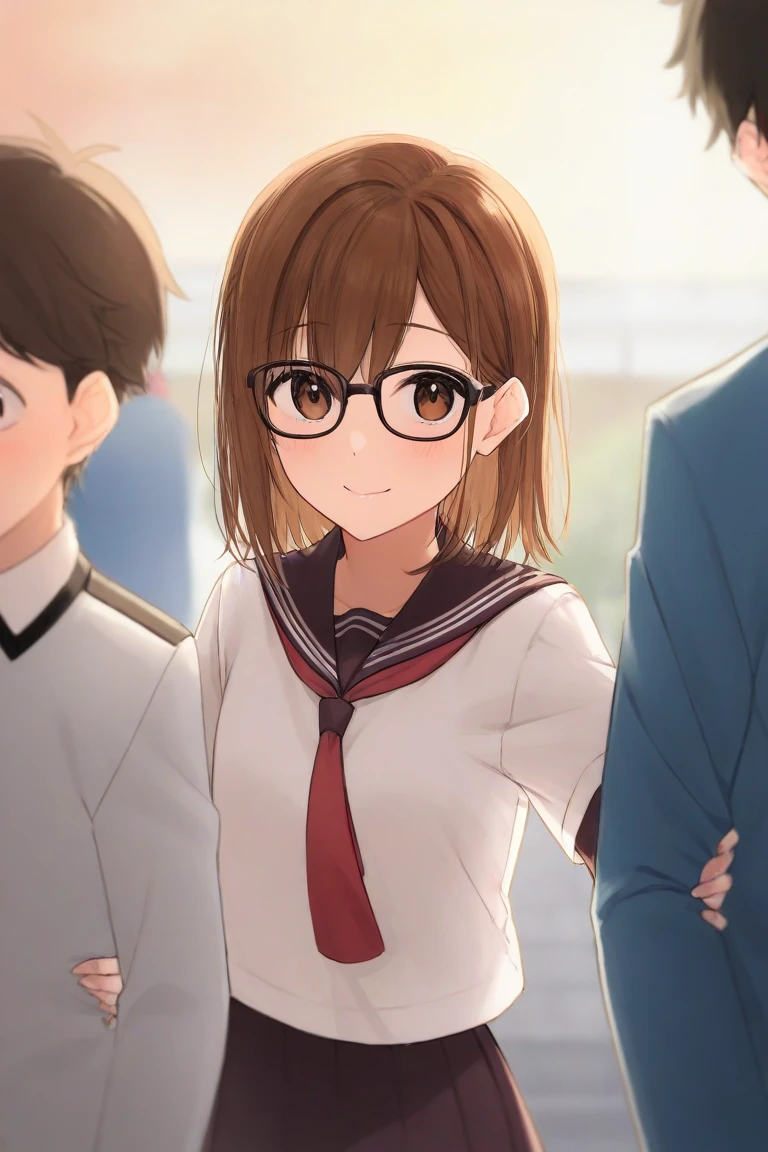 The character has short brown hair, brown eyes, wears black glasses, cute  guy wears a school uniform.