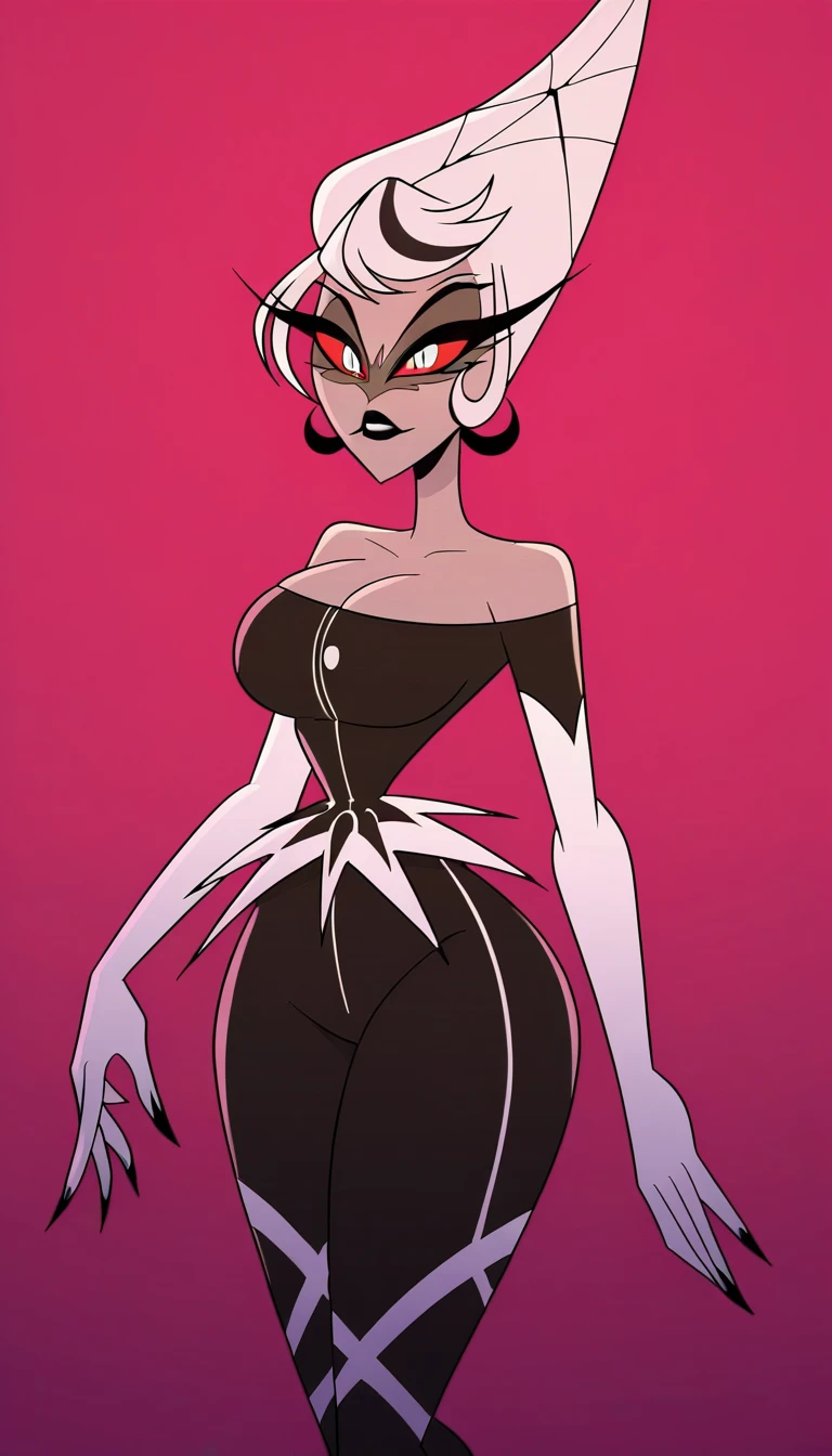 Carmilla_Carmine,score_9, score_8_アップ, score_7_アップ,gray skin,twin hair,Black dress,white elbow gloves, bare shoulders, lace shoes,(huge juicy breasts:1.2),breasts, has long eyelashes,dress, ,Black Lip,pigmented sclera,Red cornea,white hair,Big Breasts,wide butt, (Alone),indoor,cowboy shot,