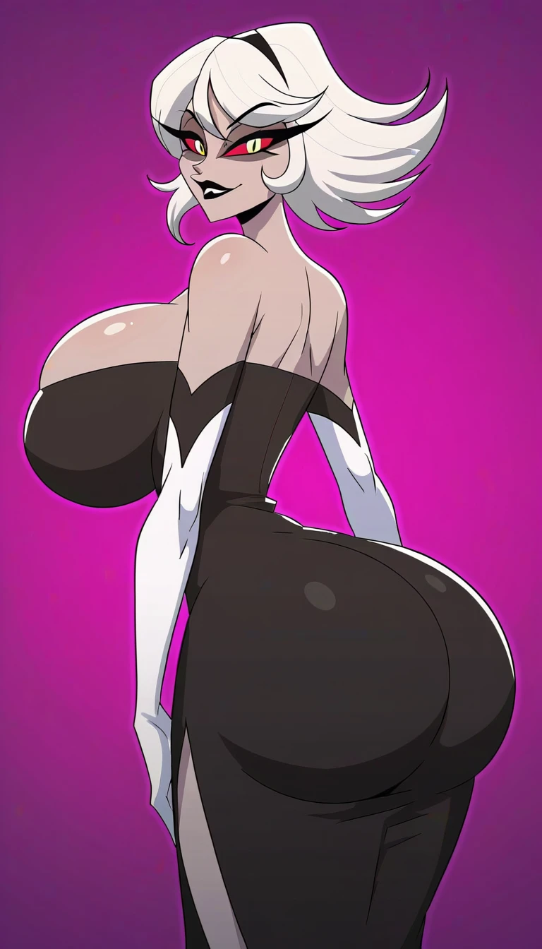 masterpiece,Carmilla_Carmine,score_9, score_8_アップ, score_7_アップ,gray skin,twin hair,Black dress,white elbow gloves, bare shoulders, lace shoes,(huge juicy breasts:1.2),breasts, has long eyelashes,dress, ,Black Lip,pigmented sclera,Red cornea,white hair,Big Breasts,wide butt, (Alone),indoor,cowboy shot,