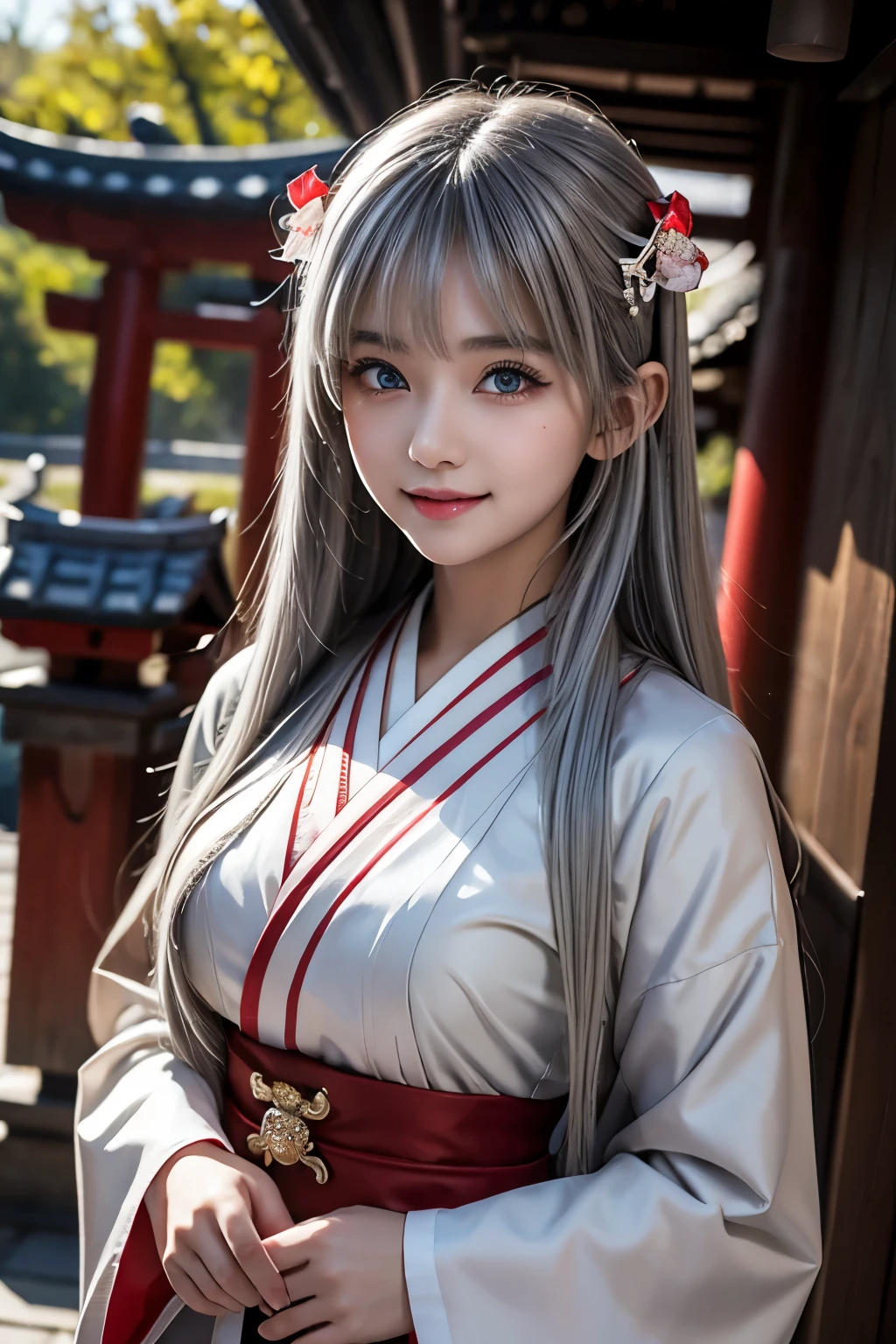 A blonde woman in a red kimono with horns and a white shirt, anime girl Cosplay, Japanese Goddess, ayaka Cosplay, perfect Gray Haired girl, Attractive anime girl, Real World Anime Girls, anime Cosplay, In kimono,  Gray Hair, beautiful, Attractive anime woman, Cosplay, Photographed with Canon EOS R6, Gray Haired god, A close-up of Yamato smiling cutely. beautiful forest floor. 
