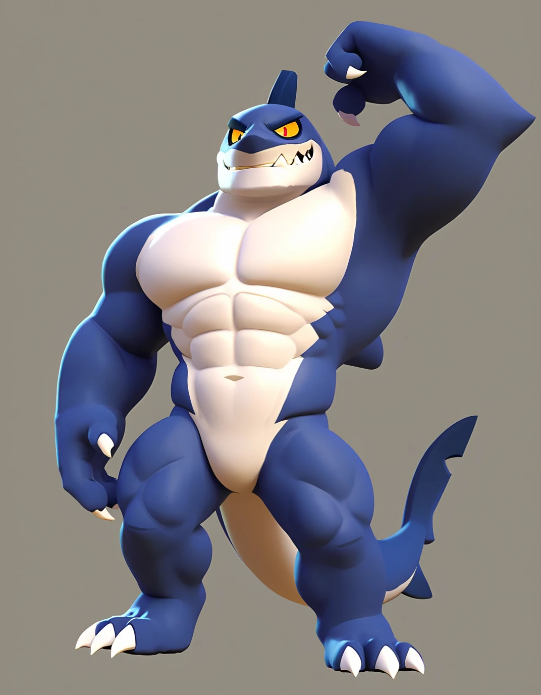 score_9, score_8_up, score_7_up, score_6_up, score_5_up, score_4_up, rating_questionable,yellow sclera,red pupils, claws,shark head with a human body,dark blue body,white jawline,white chest,white abs,white pecs,white crotch,focus 4 fingers,sharp teeth,, furry male, muscular, smirk, full body,sfw_nudity, thick things, face and chest,arms and hands ,pecs&crotch,{tall legs&thigh},feet,show chest&pecs,left-arm raise up,right-arm's hand on the right-leg,brawl,perfect detailed eyes,perfect detailed pupils, no humans,{{2d,flatted art}}