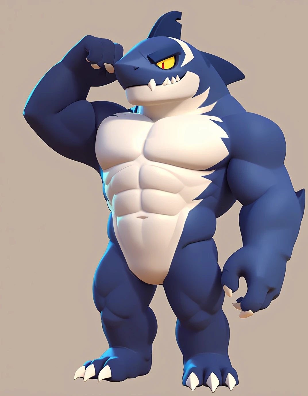 score_9, score_8_up, score_7_up, score_6_up, score_5_up, score_4_up, rating_questionable,yellow sclera,red pupils, claws,shark head with a human body,dark blue body,white jawline,white chest,white abs,white pecs,white crotch,focus 4 fingers,sharp teeth,, furry male, muscular, smirk, full body,sfw_nudity, thick things, face and chest,arms and hands ,pecs&crotch,{tall legs&thigh},feet,show chest&pecs,left-arm raise up,right-arm's hand on the right-leg,brawl,perfect detailed eyes,perfect detailed pupils, no humans,{{2d,flatted art}}