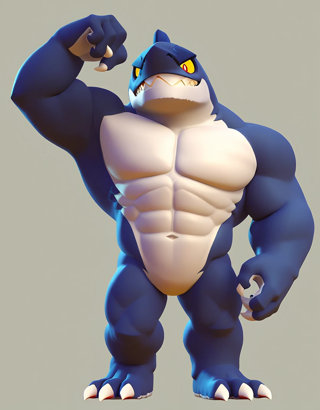 score_9, score_8_up, score_7_up, score_6_up, score_5_up, score_4_up, rating_questionable,yellow sclera,red pupils, claws,shark head with a human body,dark blue body,white jawline,white chest,white abs,white pecs,white crotch,focus 4 fingers,sharp teeth,, furry male, muscular, smirk, full body,sfw_nudity, thick things, face and chest,arms and hands ,pecs&crotch,{tall legs&thigh},feet,show chest&pecs,left-arm raise up,right-arm's hand on the right-leg,brawl,perfect detailed eyes,perfect detailed pupils, no humans,{{2d,flatted art}}