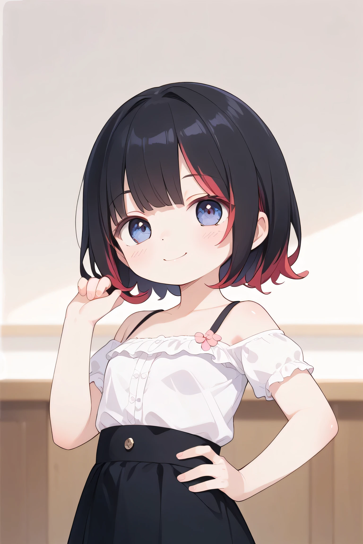 An anime-style illustration of a cute and charming girl with long black hair featuring striking red highlights. She is wearing a relaxed and stylish outfit: a flowy, casual dress with soft, pastel colors and subtle details like ruffles or a cinched waist for a flattering yet comfortable look. The design exudes a casual elegance, perfect for a first date. The girl strikes a slightly alluring pose, tilting her head with a confident yet shy smile, one hand playfully touching her hair while the other rests on her hip. The background is plain, focusing entirely on the character and her effortlessly charming style.