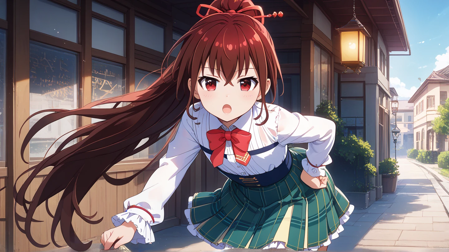 (masterpiece, best quality), highly detailed background, perfect lighting, best quality, batogayuri, solo, looking at viewer, blush, open mouth, :o, brown hair, high ponytail, hair ribbon, red ribbon, hair between eyes, very long hair, red eyes, flat chest, white shirt, yellow bowtie, long sleeves, green skirt, plaid skirt, standing, leaning forward, outdoors, houses,