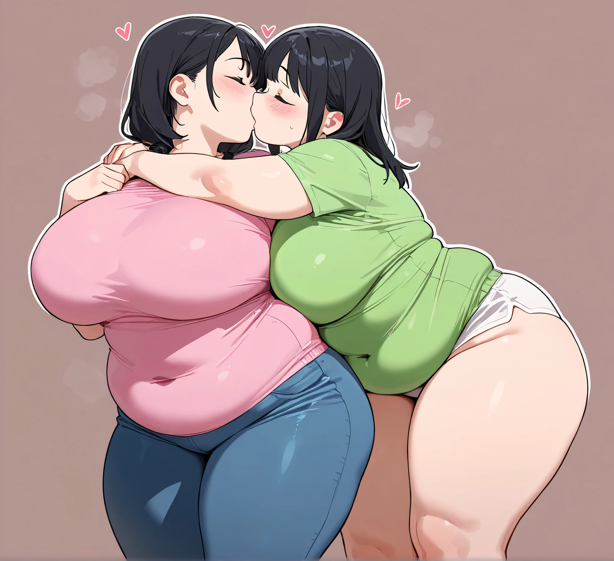 Anime Screenshot, in bedroom, sitting on bed, chubby, 2 girls, milf, shy, pudgy face, relaxed eyes, dark green hair, ponytail, bra, groping, sticking tongue out of mouth, sweating, nervous smile, slightly open mouth, huffing breath, wearing jeans, nervous expression, kissing, heart eyes