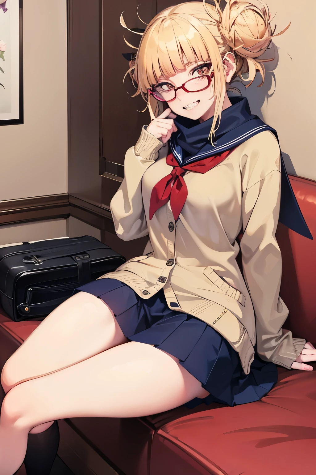 Photo Quality, smile, jagged teeth, (Himiko Toga, my hero akademia), Navy blue sailor suit with two white lines on the collar, Red scarf ribbon, (Cream color pullover school knit cardigan), Navy blue pleated skirt, (big_chest), Cute, Drunk eyes, red eyes, dark circles under the eyes, Two blonde buns on either side with a few strands of hair sticking out, Sitting_with legs crossed, ultra detailliert, Beautiful body, Beautiful face, High quality, Good anatomy, Cute room, Glasses