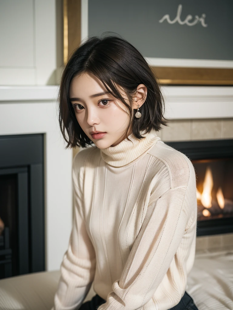 Best quality,masterpiece,Ultra-high resolution,(Authenticity:1.4),RAW photos,Texture,1 cool girl,High and tall,Wearing a turtleneck, Standing in a plain background,Looking at the camera,fashion photography, black bob haircut, beautiful eyes