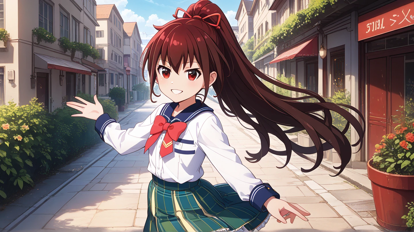 (masterpiece, best quality), highly detailed background, perfect lighting, best quality, batogayuri, solo, looking at viewer, looking back, blush, smile, brown hair, high ponytail, hair ribbon, red ribbon, hair between eyes, very long hair, red eyes, flat chest, white shirt, yellow bowtie, long sleeves, green skirt, plaid skirt, standing, outdoors, houses, road