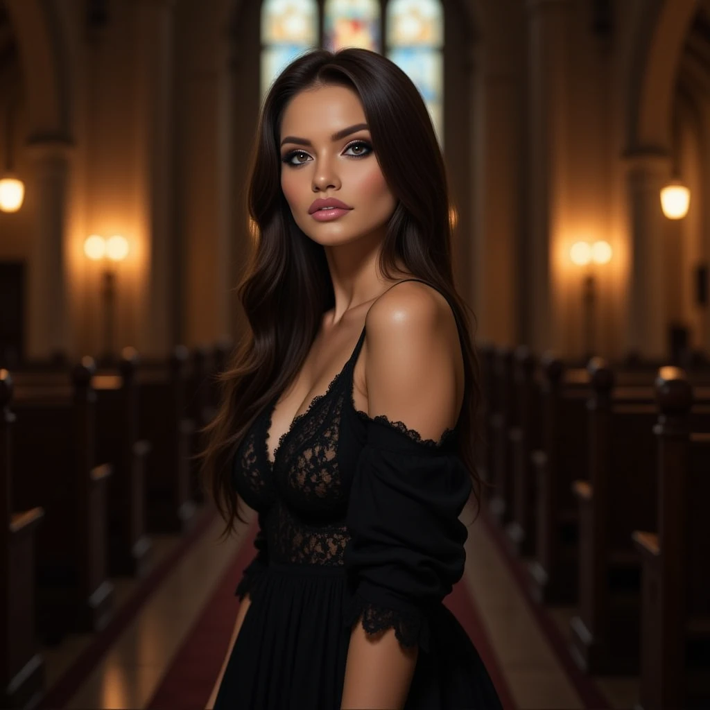 A sexy nun with seductive eyes and pouty lips, wearing a revealing black lace gown and high heels, gracefully poses in a dimly lit cathedral. Her long, wavy hair cascades down her back, framing her alluring face. The detailed folds of her gown create a sense of mystery and intrigue, while the soft candlelight casts a warm glow on her flawless skin. The artwork is a masterpiece of photorealistic beauty, captured with high-resolution precision and ultra-detailed rendering. The vibrant colors add depth and richness to the scene, with a touch of bokeh in the background, creating an ethereal atmosphere. The overall composition exudes sensuality and sophistication, making it a captivating portrait in the genre of erotic art.