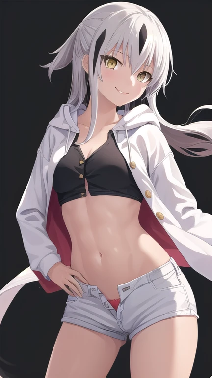 young girl, short gray hair, high ponytail, silver eyes, White leather fur coat, open belly, open breasts, Shorts, Masterpiece, hiquality