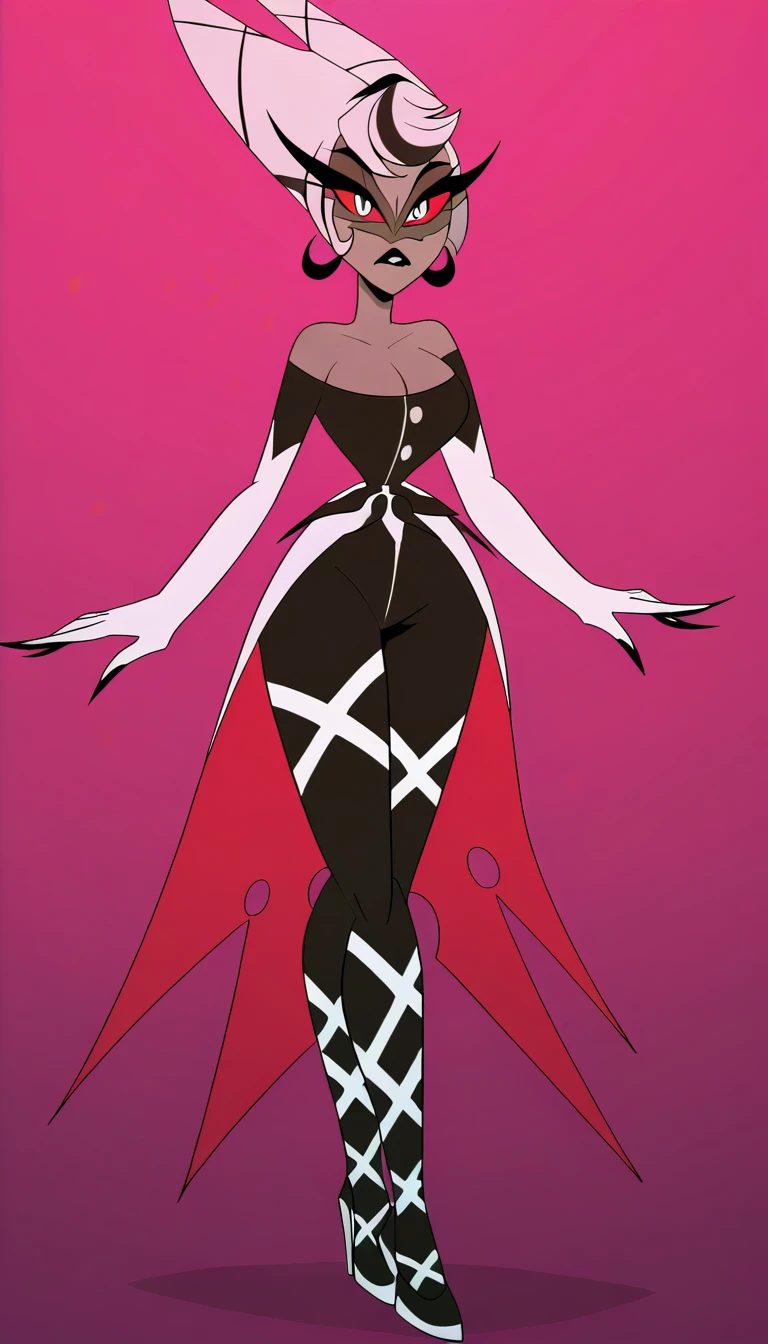 ​masterpiece, high-detailed, hyper-realistic,(highly accurate drawing in every detail)(extremely precise representation)full_body_portrait, Full body shot of a bewitchingly beautiful demon woman, perfect facial features,  open kissable lips, expressive very dark and large eyes with a sad look, tight and short armor dress with white transparent fabric and black metal, curly and very long red hair,  perfect athletic fit body shape , beautifully curved horns, pointed ears and fangs, vampy fangs,