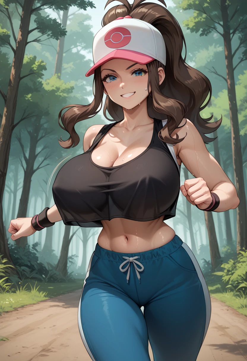 mature woman, small waist, smug, pokemonhilda, blue eyes, brown hair, long hair, ponytail, baseball cap, hat, blue sweatpants, wristband, black tanktop, outdoors, forest, running, skindentation, huge breasts, (bouncing breasts), sweaty, dynamic pose, ((covered nipples)), cleavage, overhang