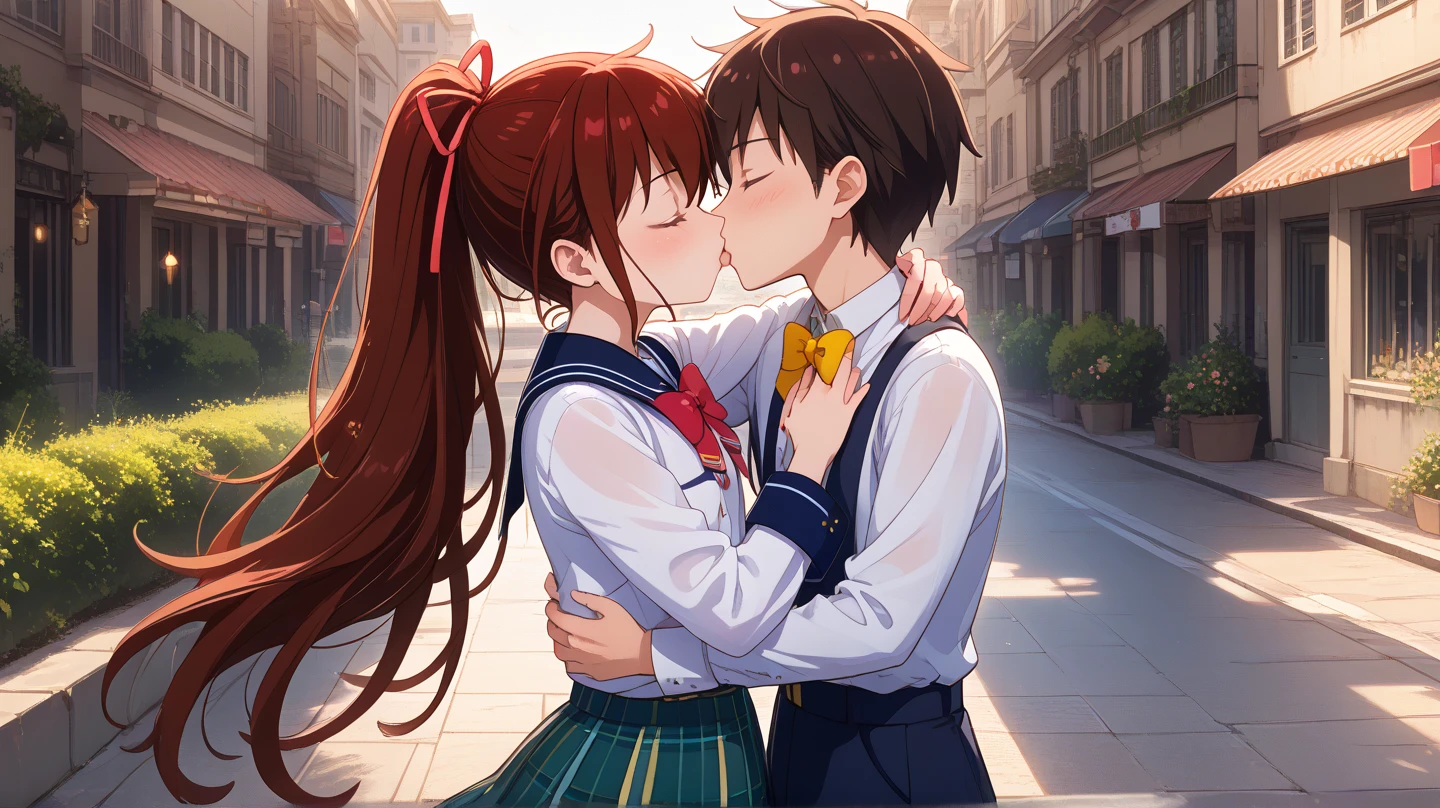 (masterpiece, best quality), highly detailed background, perfect lighting, best quality, batogayuri, romance, kiss focus, blush, brown hair, high ponytail, hair ribbon, red ribbon, hair between eyes, very long hair, closed eyes, flat chest, white shirt, yellow bowtie, long sleeves, green skirt, plaid skirt, school uniform, 1boy, hug, kiss, standing, outdoors, houses, road