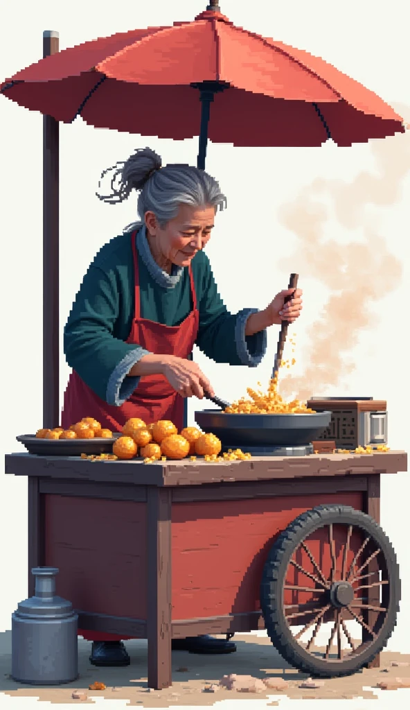 pixel art of an old woman from china deep frying a snack in her food stall, white background