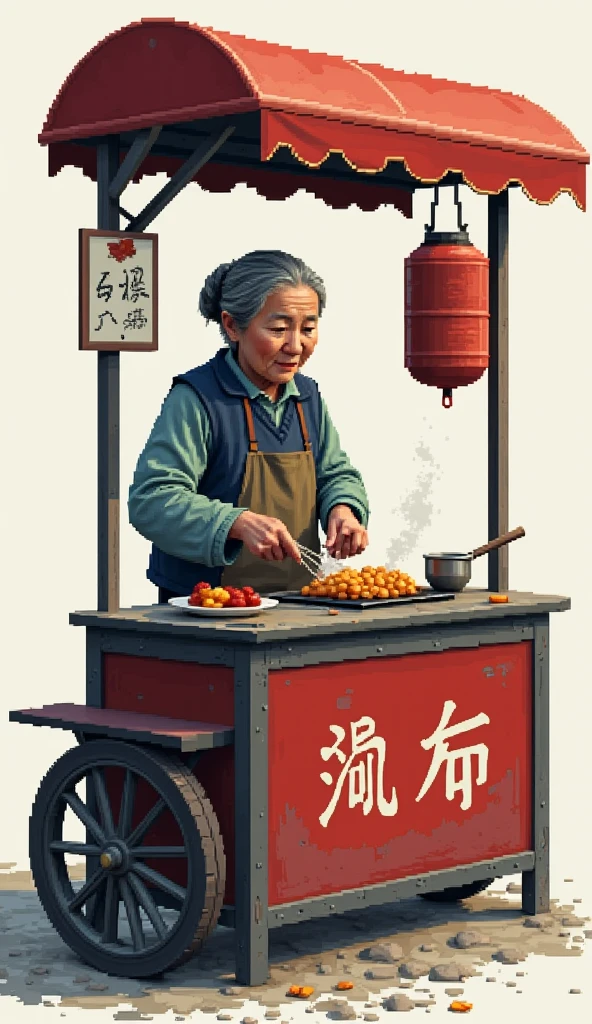 pixel art of an old woman from china deep frying a snack in her food stall, white background